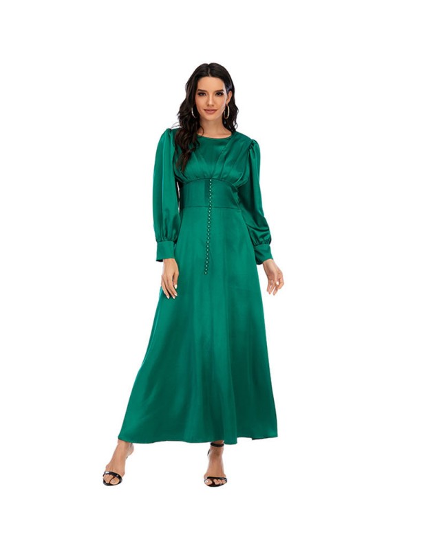 Woman Soft Long Sleeve Shapewear Elegant Satin Maxi Muslim Dress 21412