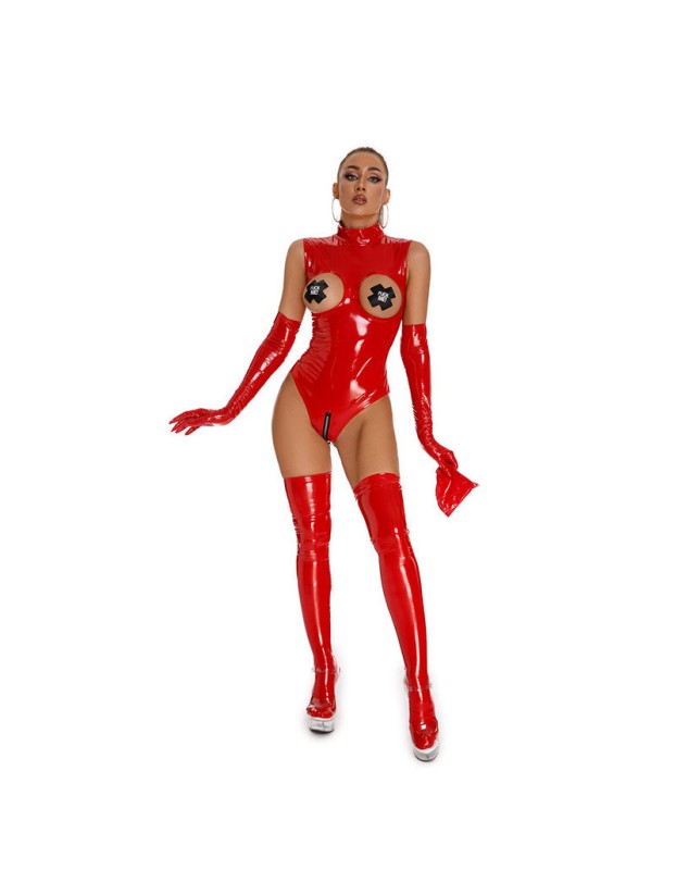 Zipper Open Crotch Patent Leather Bodysuit Punk Women Jumpsuit XX6861