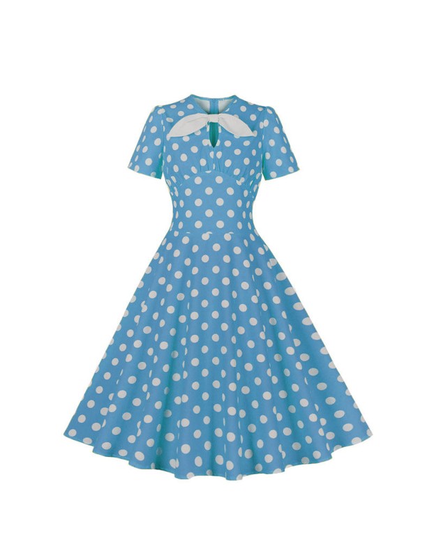 Hepburn Style Round Neck Bow Lace Up Polka Dot Retro Swing Dress Woman 5157