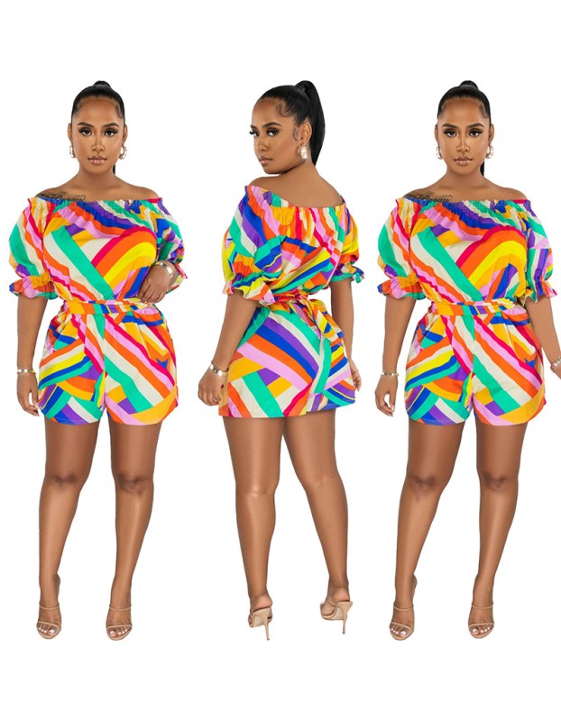 High Quality Women's Colorful Printed One Shoulder Loose Jumpsuit 9415
