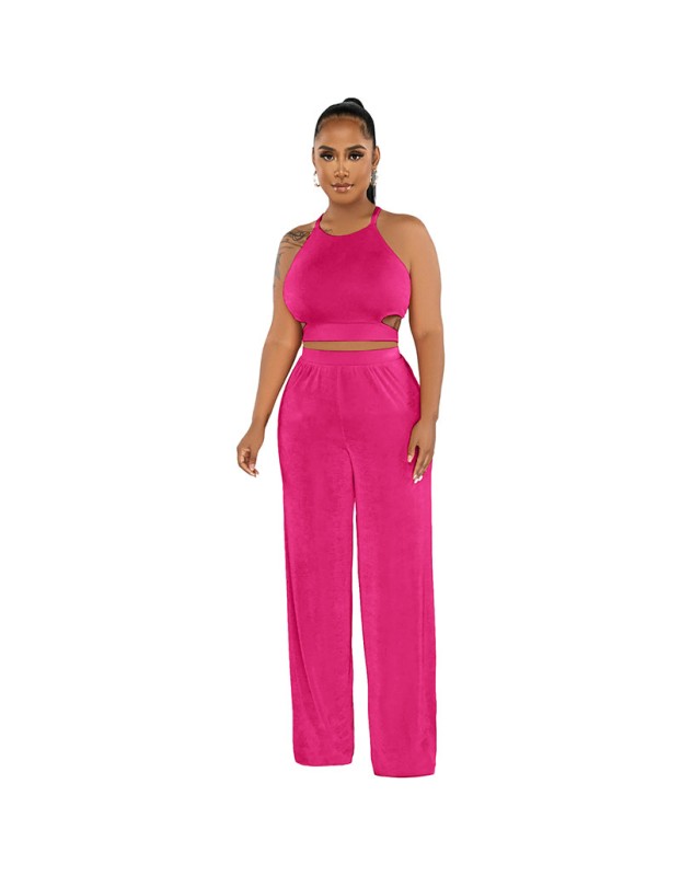 Women's Halter Cross-Strap Solid Color Wide-Leg Pants Two Piece Set 9428