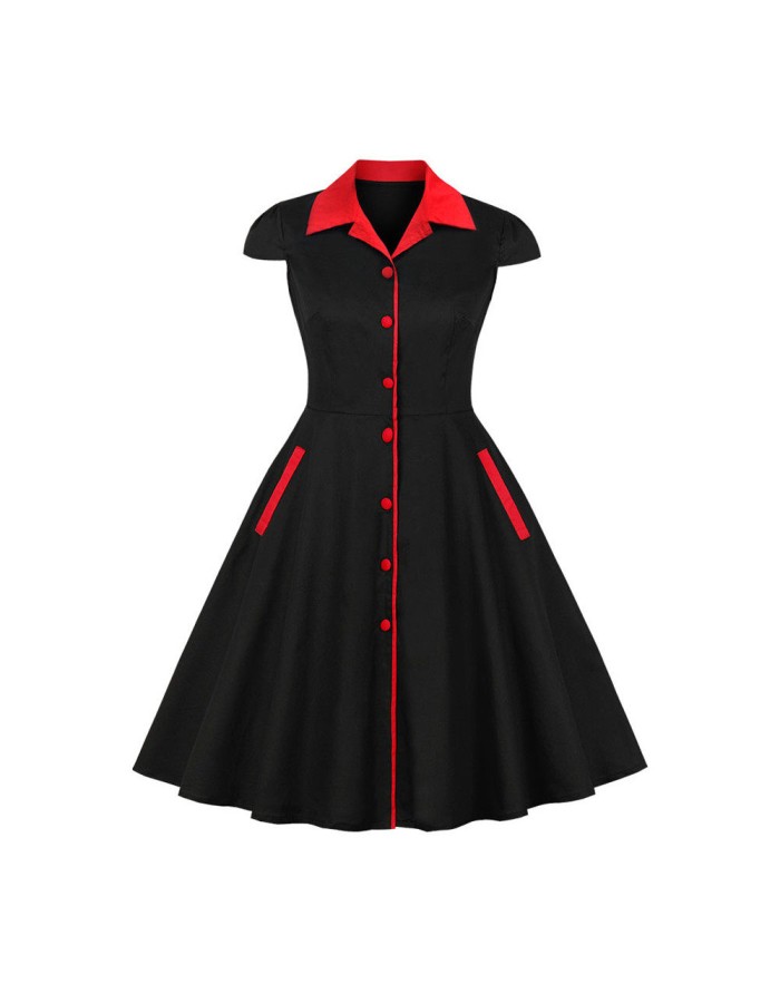 5XL Big Size Elegant Ladies Single-Breasted Vintage Pinup Swing Dress 1729A