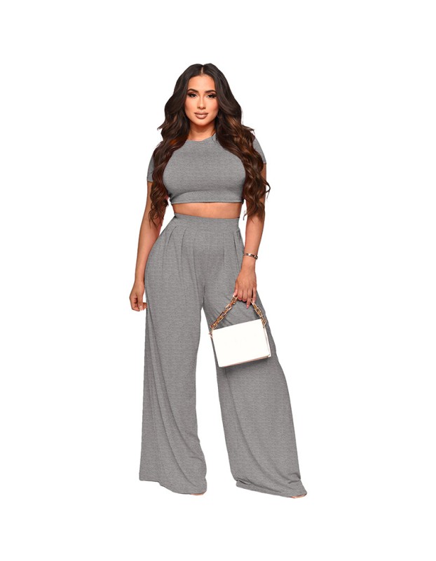 Fashion Crop Solid Color Wide Leg Pants Two Sets 9411
