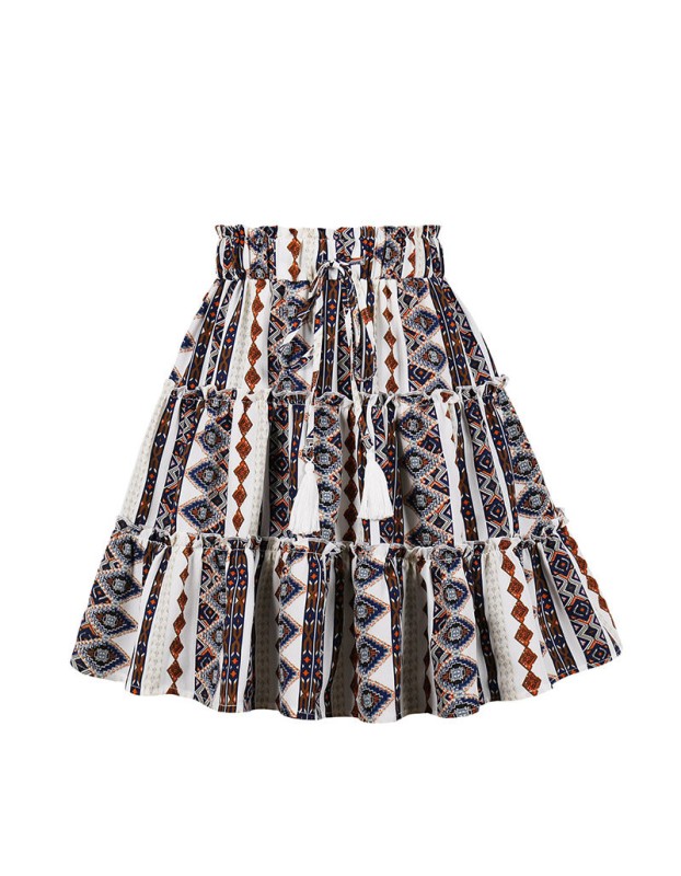 Boho Vacation Style Print Elastic Waist Skirt With Fringe Fashion Thin Skirt 230047