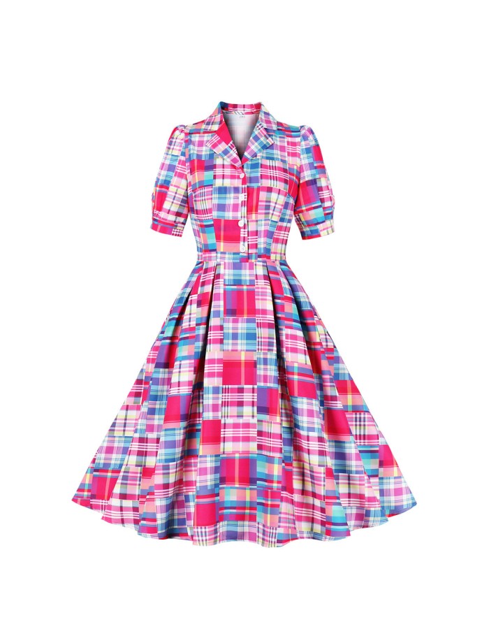 Women Elegant Casual Plaid Printed Vintage Pinup Rockabilly Hepburn Swing Dress M5167