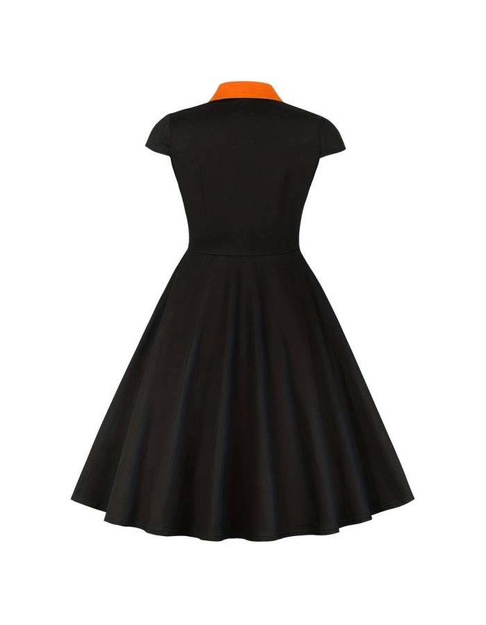 5XL Big Size Elegant Ladies Single-Breasted Vintage Pinup Swing Dress 1729A