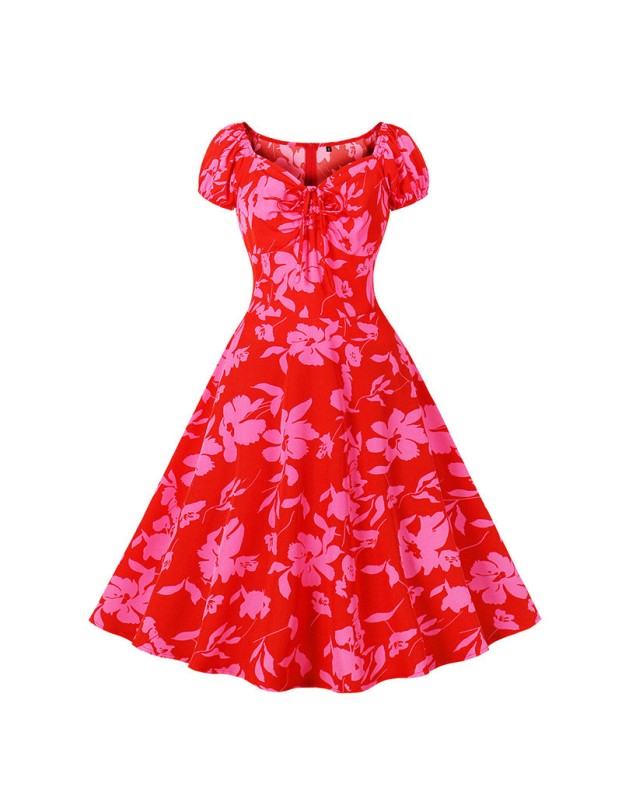 Slimming Midlength Women Summer emperament Lacing Elastic Casual Print Dress 5193