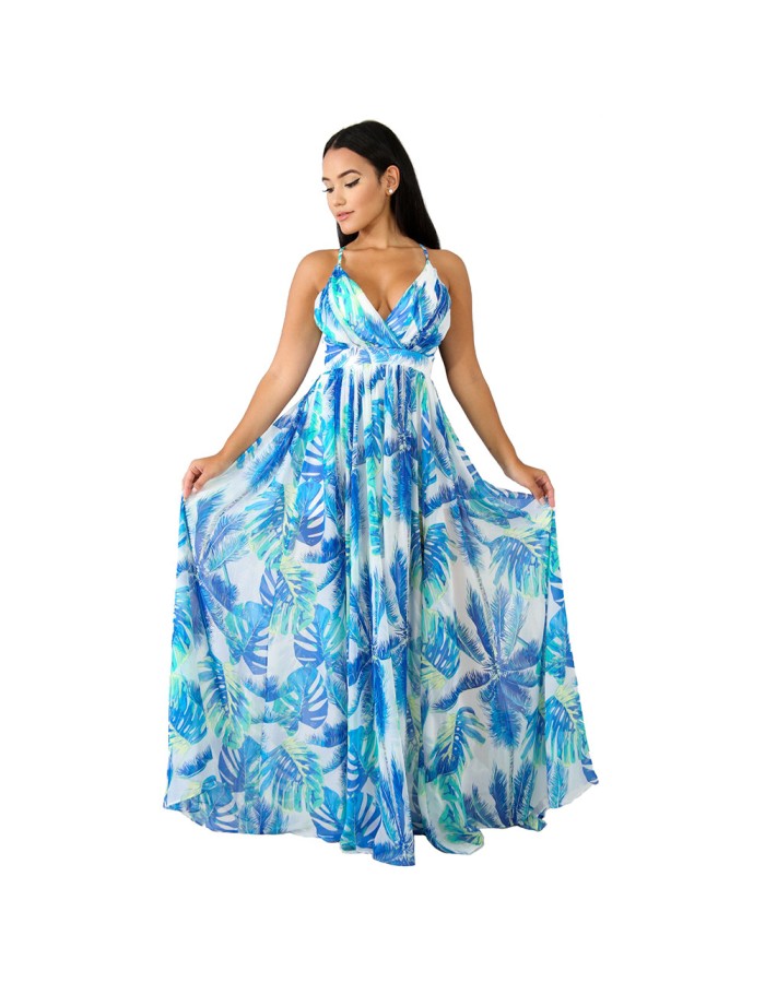 Fashion Ladies Summer Print Floral Boho V Neck Beach Casual Maxi Dresses Long M8212