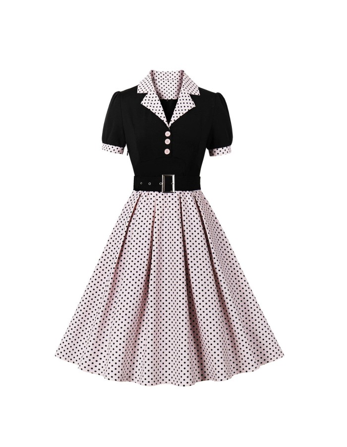 Women's 50s 60s Vintage Polka Dot Print Pin Up Rockabilly Dress With Belt M5173