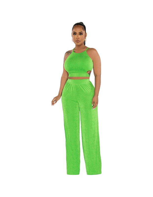 Women's Halter Cross-Strap Solid Color Wide-Leg Pants Two Piece Set 9428