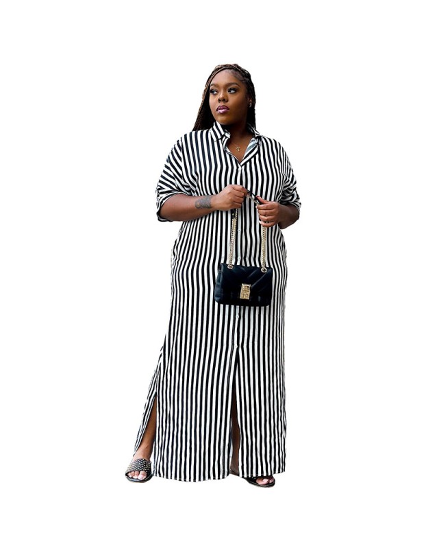 Fashion Striped Women's Shirt Long Casual Dress 9414
