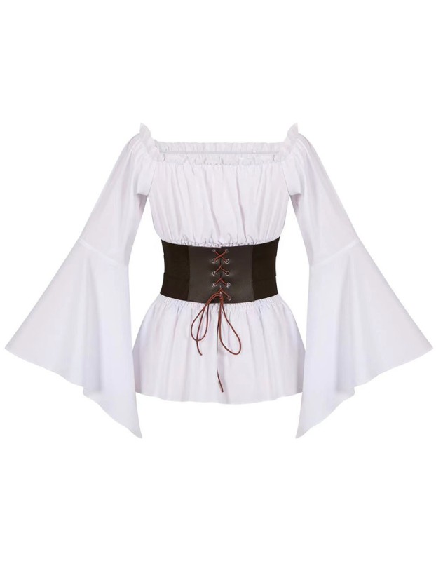 Women's Renaissance Long Sleeved Pleated Waist Bohemian Pirate Shirt Belt SM3024