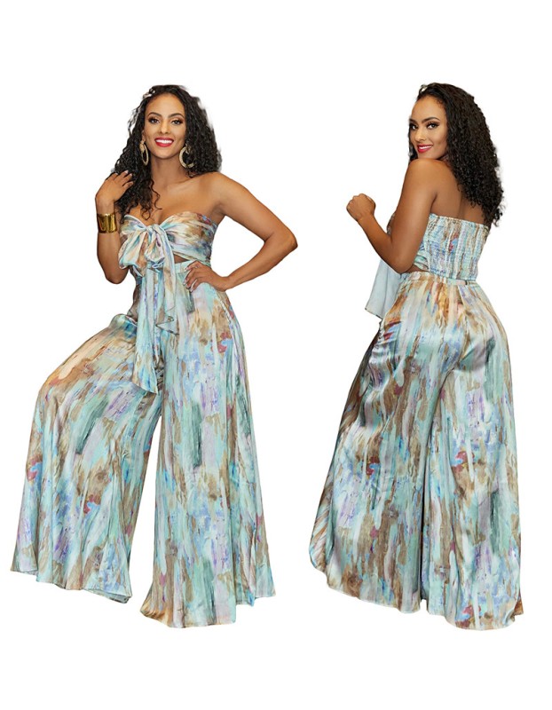 Sexy Women Print Strapless Midriff Two Piece Wide Leg Pants Set 9426