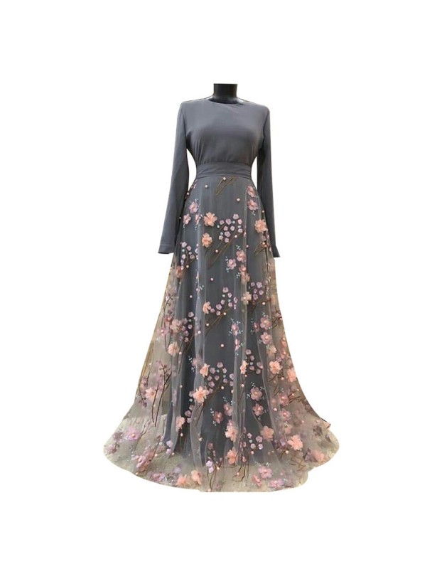 Three Dimensional Flower Hollow Splicing Evening Gowns Long Ladies Dress 21402