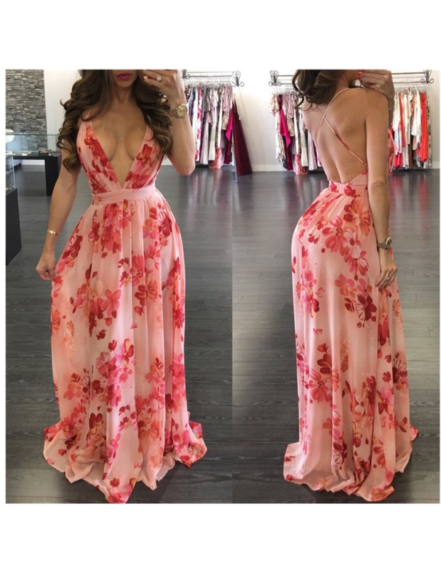 Fashion Ladies Summer Print Floral Boho V Neck Beach Casual Maxi Dresses Long M8212