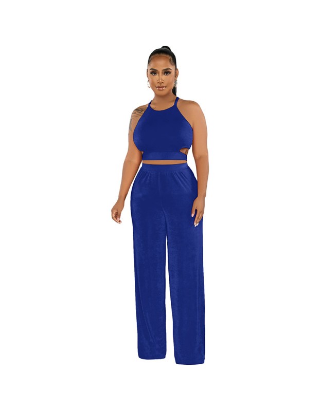 Women's Halter Cross-Strap Solid Color Wide-Leg Pants Two Piece Set 9428