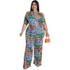Plus Size Short Sleeved Printing Shoulder Two Piece Long Pants Set 8615