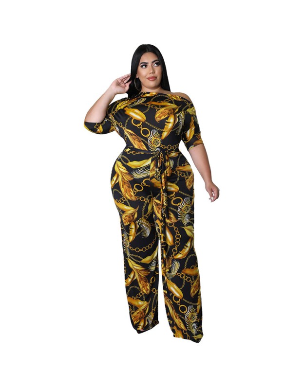 Plus Size Short Sleeved Printing Shoulder Two Piece Long Pants Set 8615