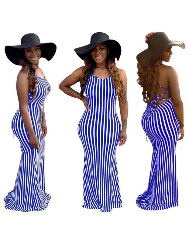 Fashion Striped Sexy Summer Strappy Halter Sexy Women Dress 8620