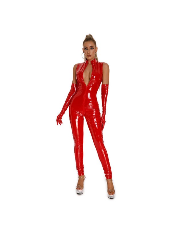 Glossy PU Mirror Sexy Bodysuit Zipper Crotch One Piece Leather Jumpsuit 6845
