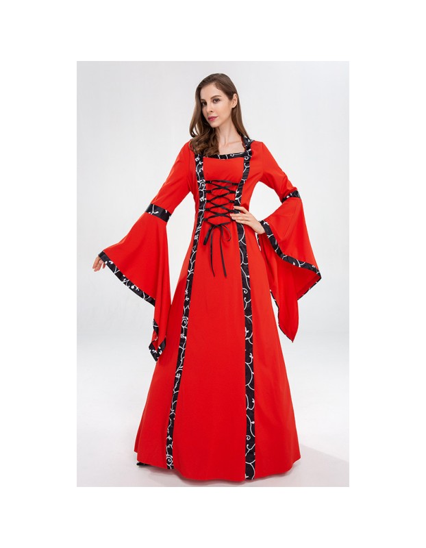 Retro Hooded Dresses Horn Sleeve Square Neck Costume Full Skirted Stage YM9304