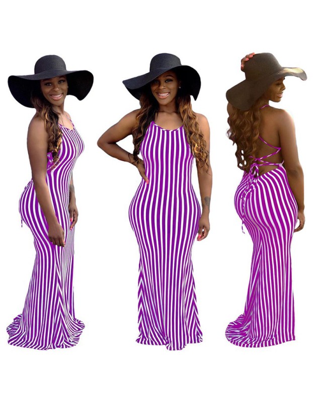Fashion Striped Sexy Summer Strappy Halter Sexy Women Dress 8620
