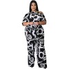 Plus Size Short Sleeved Printing Shoulder Two Piece Long Pants Set 8615