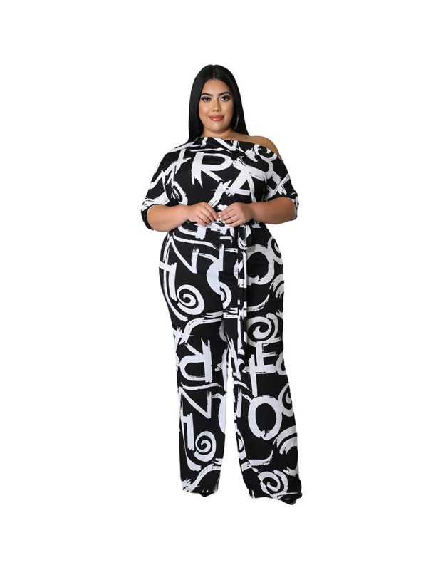 Plus Size Short Sleeved Printing Shoulder Two Piece Long Pants Set 8615