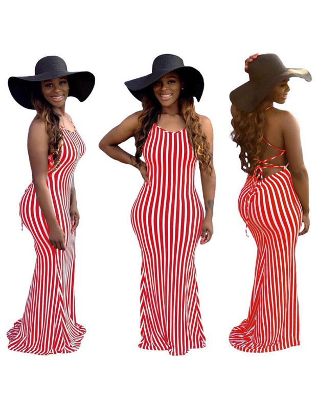 Fashion Striped Sexy Summer Strappy Halter Sexy Women Dress 8620