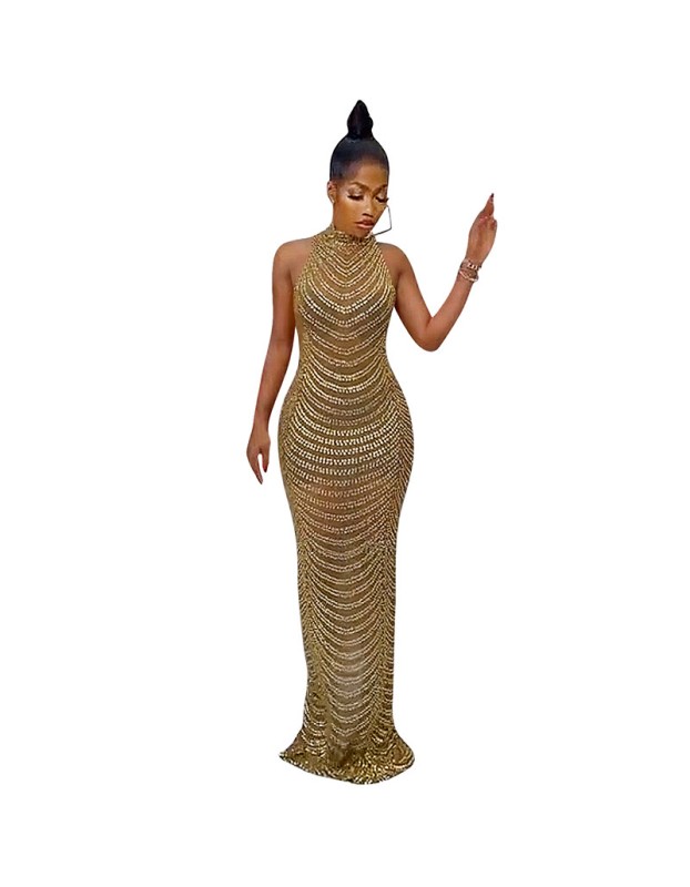 See Through Women Sexy Backless Hot Diamond Elegant Party Dress X5259