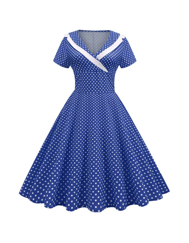 Polka Dots V Neck Women Casual Royal Blue Prom Spring Dresses JY15122
