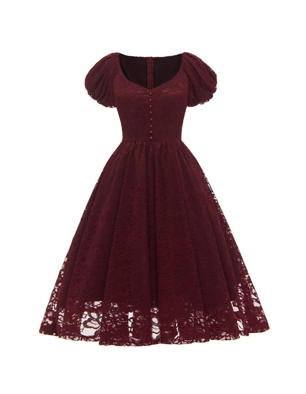 Lace Puffy Sleeves Night For Ladies Single Row Buttons Dresses CD1790
