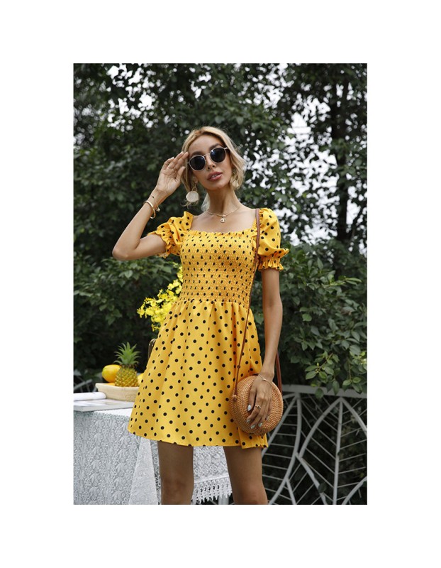 Square Neck Short Sleeve Retro Wave Point Satin Wedding Ladies DressJY15093