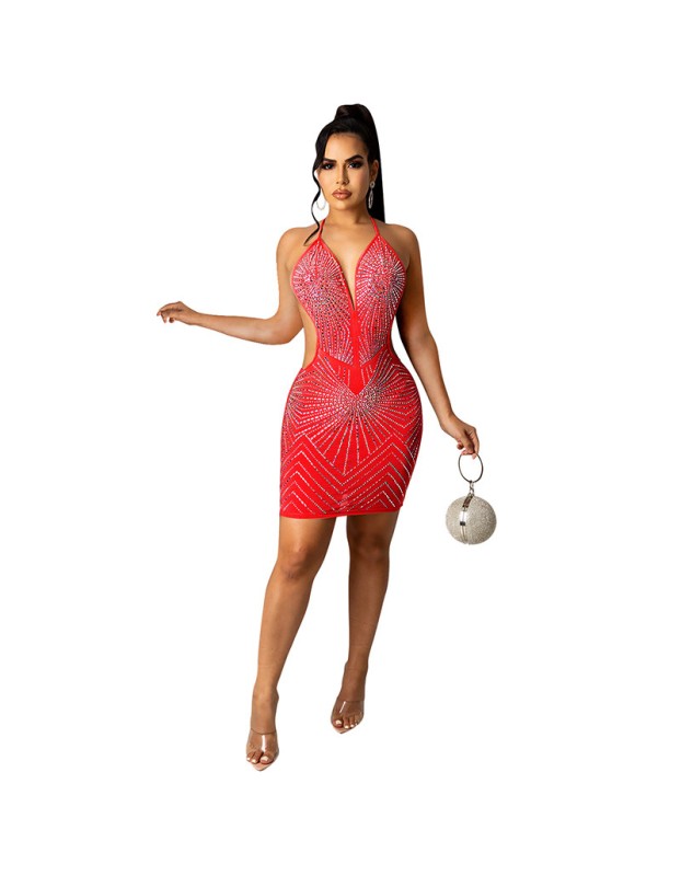 Rhinestone Shiny Skirt Dinner Gown Backless Sexy Mesh Night Dress X5251