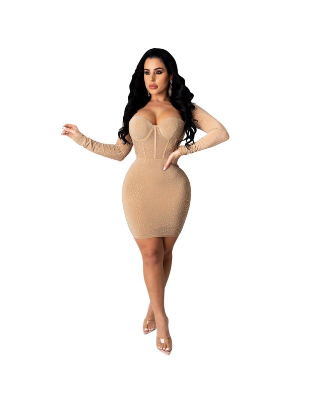 Hot Drilling Perspective Elegant Sexy Long Sleeve Dresses Women X3851