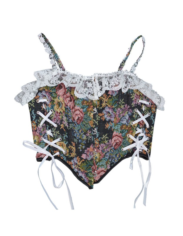 Vintage Corset Bustier Tops Y2K French Style Women Floral Print Overbust Corselet M21647