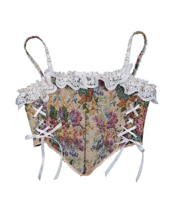 Vintage Corset Bustier Tops Y2K French Style Women Floral Print Overbust Corselet M21647