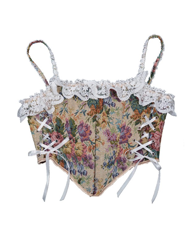 Vintage Corset Bustier Tops Y2K French Style Women Floral Print Overbust Corselet M21647