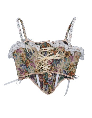 Vintage Corset Bustier Tops Y2K French Style Women Floral Print Overbust Corselet M21647