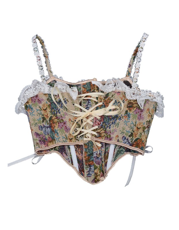 Vintage Corset Bustier Tops Y2K French Style Women Floral Print Overbust Corselet M21647