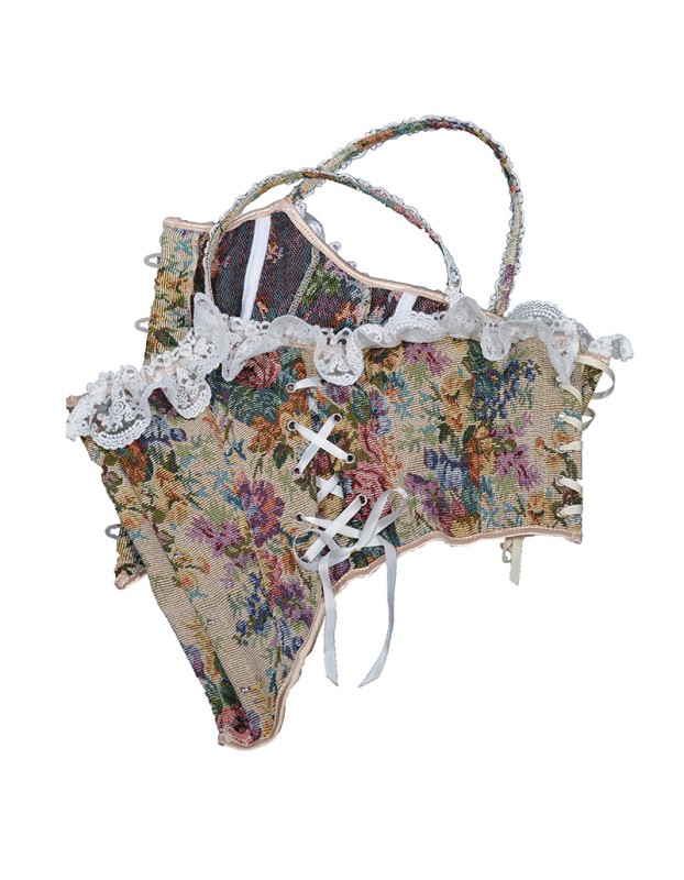 Vintage Corset Bustier Tops Y2K French Style Women Floral Print Overbust Corselet M21647