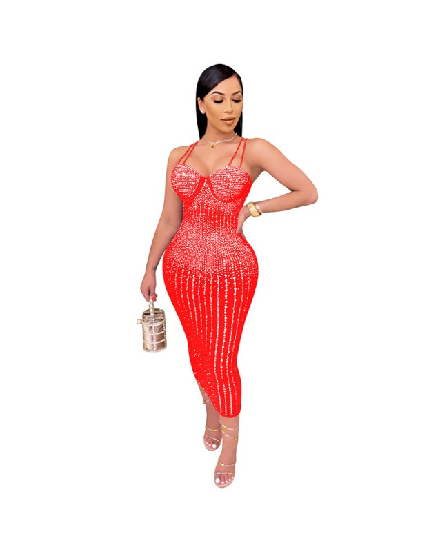Mesh Club Sexy Diamond Encrusted Halter Womens Dresses X3805