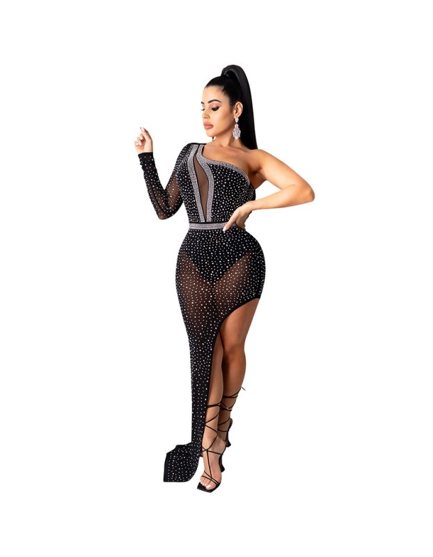 Rhinestone Mesh Women Evening Elegant Single Cuff Sexy Night Dresses X5028