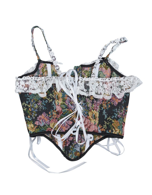 Vintage Corset Bustier Tops Y2K French Style Women Floral Print Overbust Corselet M21647