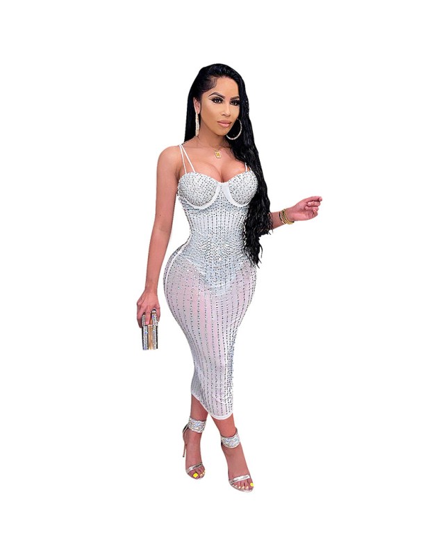 Mesh Club Sexy Diamond Encrusted Halter Womens Dresses X3805