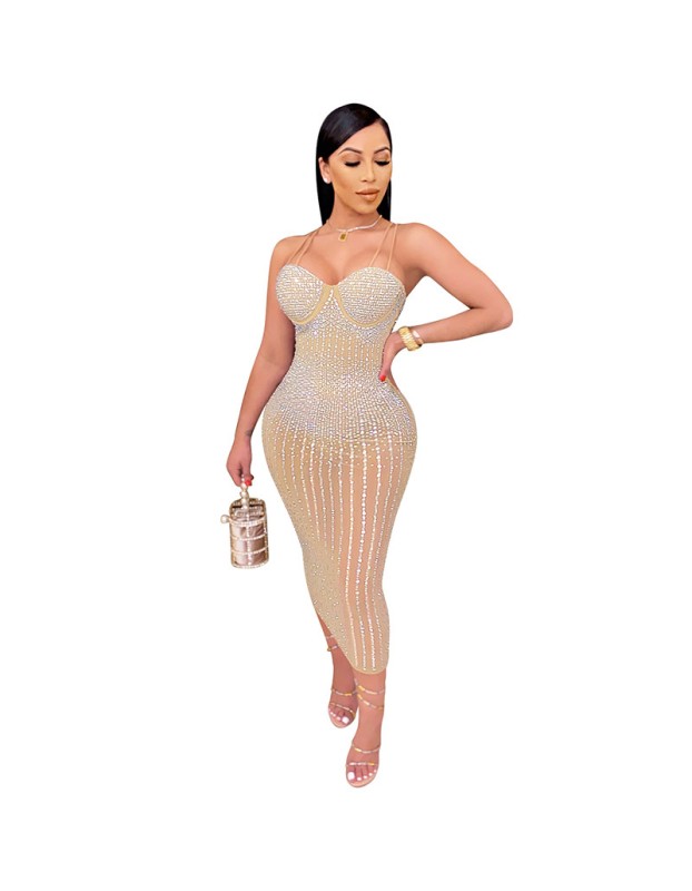Mesh Club Sexy Diamond Encrusted Halter Womens Dresses X3805
