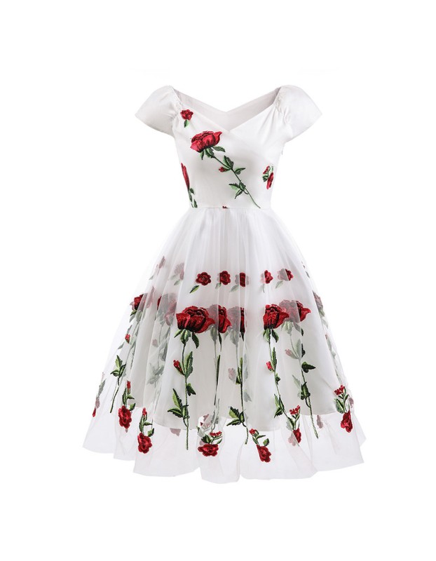 White And Black Mesh Sexy Transparent Rose Elegant Women Evening Print Dresses CD1609