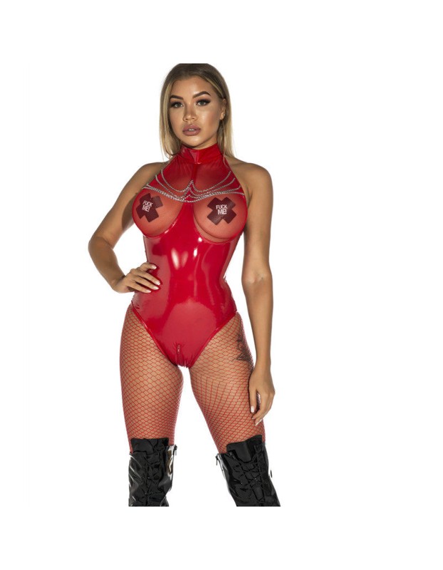 Women Sexy Mesh Chain Open Crotch Leather Erotic Catsuit M6786
