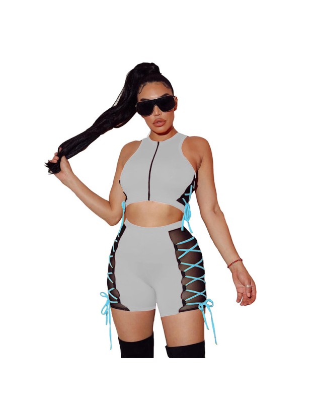 Sleeveless Tops Women Summer Mesh Two Piece Set M043