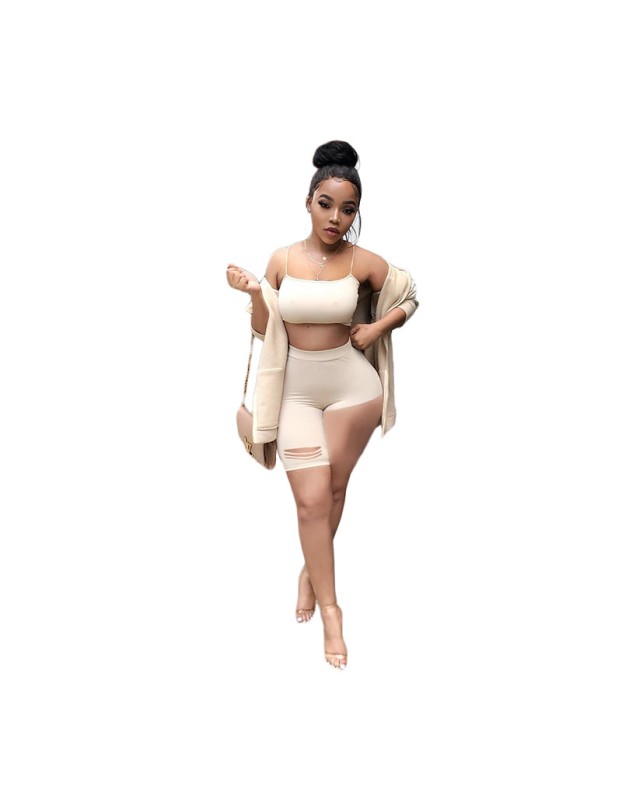 Sexy Tube Top Trendy Crop Top And Pants Solid Two Piece Set Short Set M050